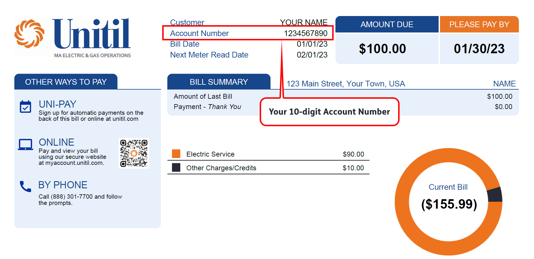Sample image of bill. You can find your account number on your bill as shown.